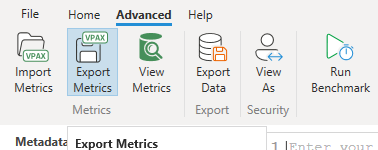 DAX Studio: Advanced ribbon, Export Metrics